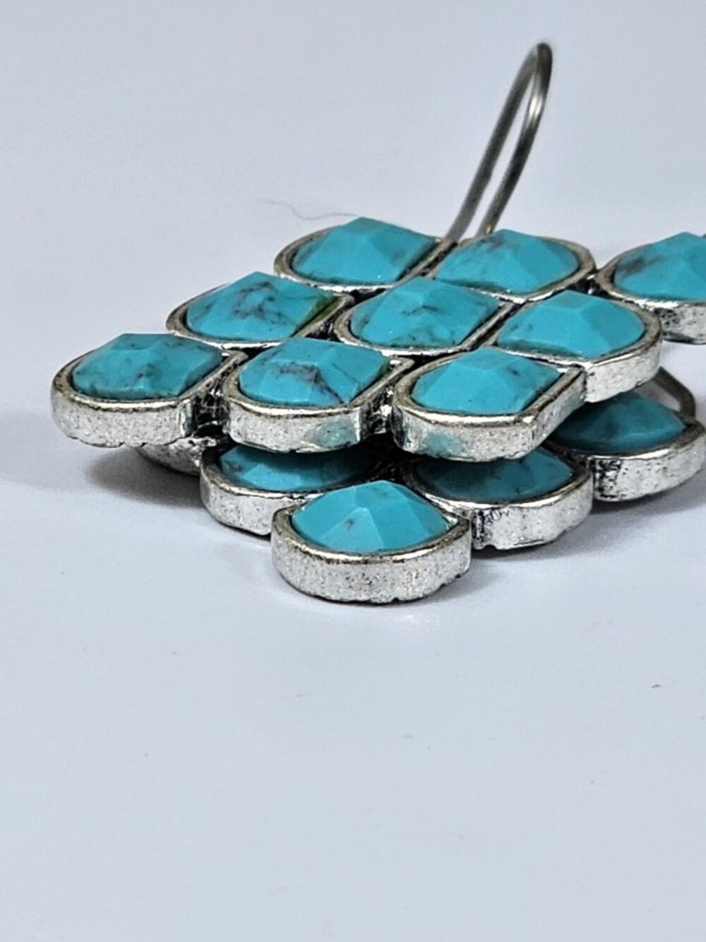 Turquoise Dangle Earrings Silver Tone Geometric Drop Jewelry VTG - Picture 3 of 9